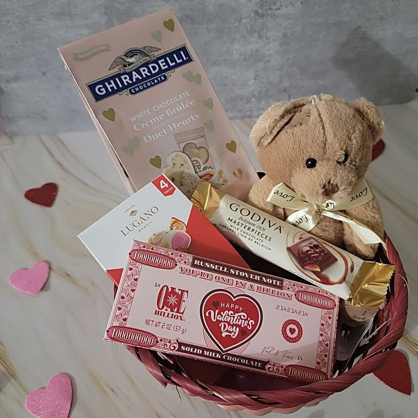 V Day Special Teddy And Assorted Chocolates Hamper:Send Chocolates and Teddy Bear to USA
