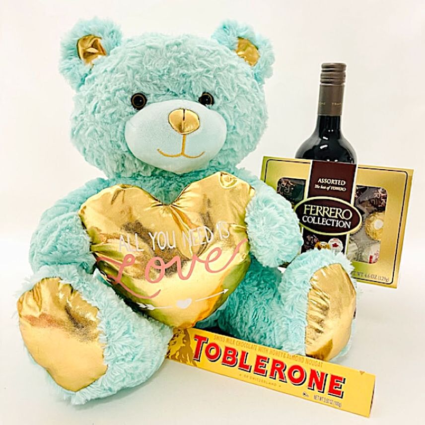 Happy V Day Wine With Teddy And Chocolates