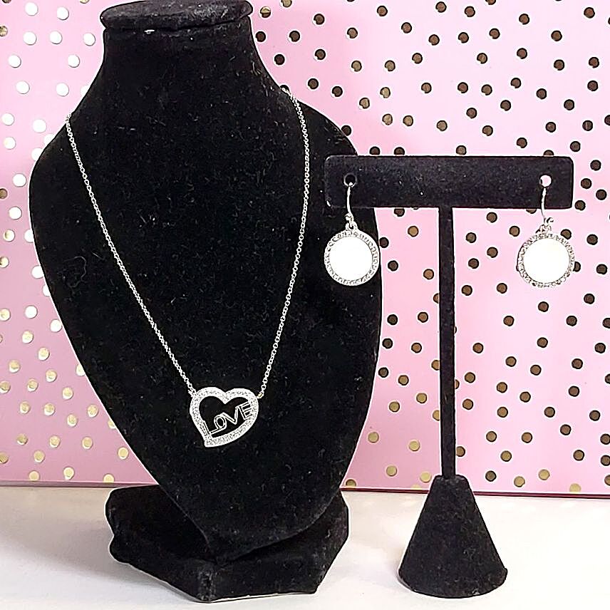 Love In Heart Necklace And Silver Tone Earrings
