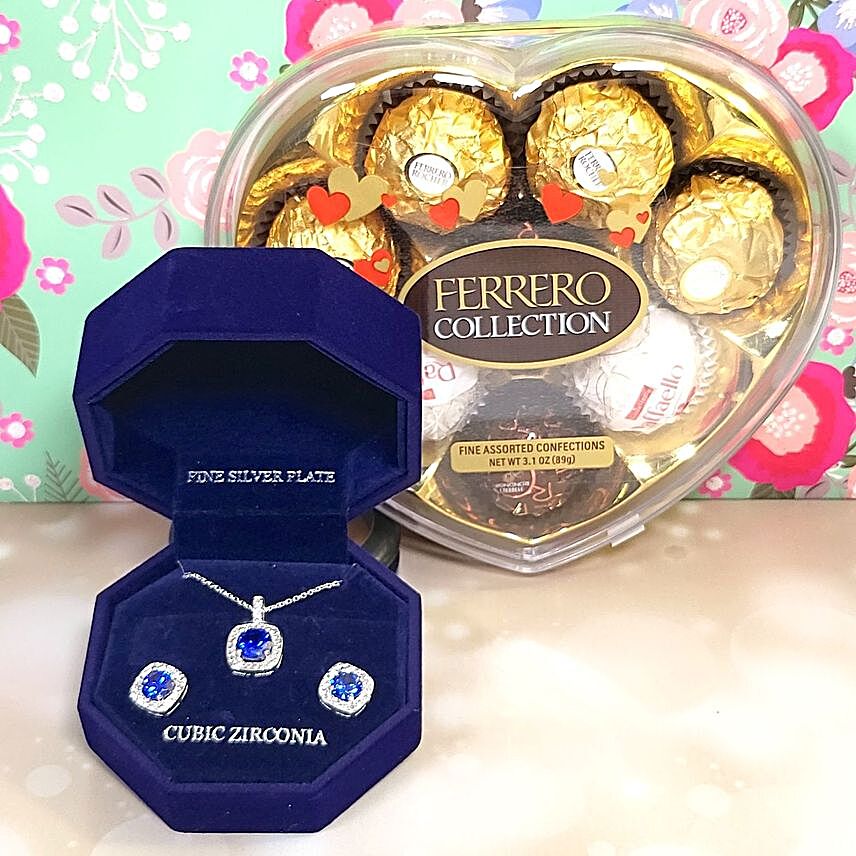 Silver Plated Jewellery Set And Chocolates Gift Hamper