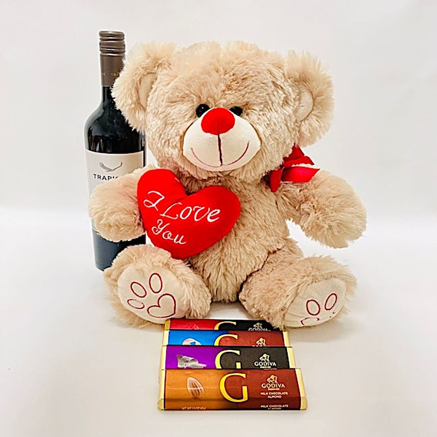 Valentines Celebration Wine And Treats Hamper:Send Chocolates and Teddy Bear to USA