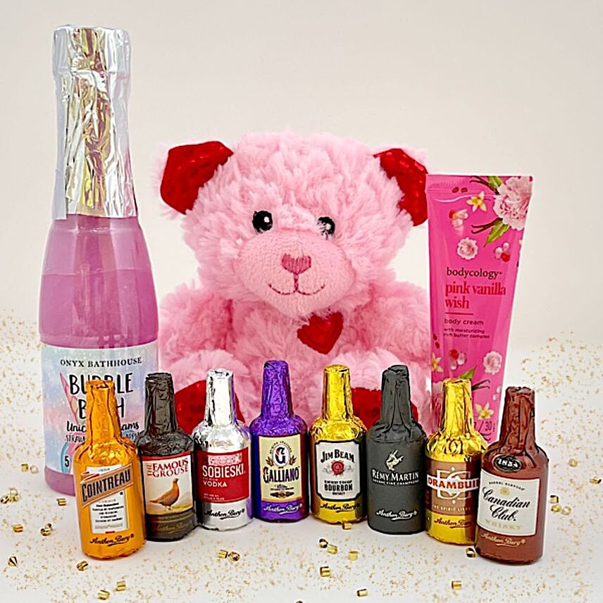 V Day Special Teddy With Chocolates And Skin Essentials