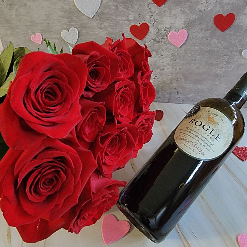 V Day Roses And Wine Combo