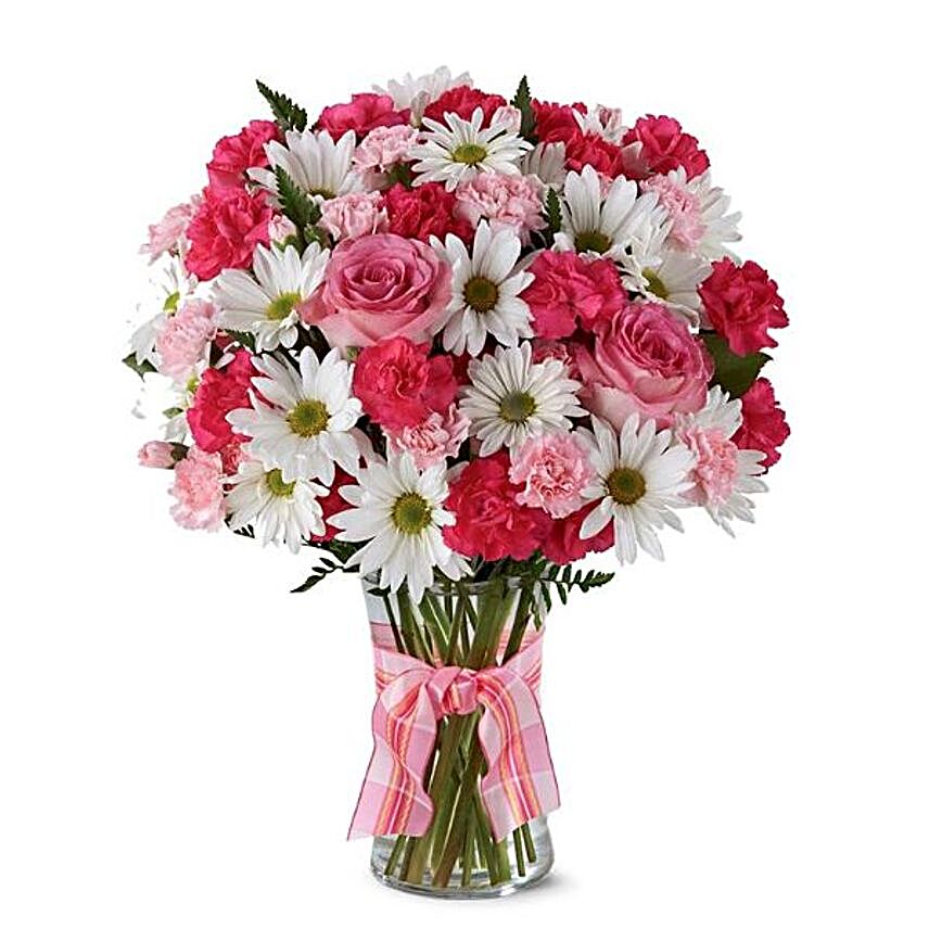 Elegant Pink And White Flowers Vase:Gifts to USA Same Day Delivery