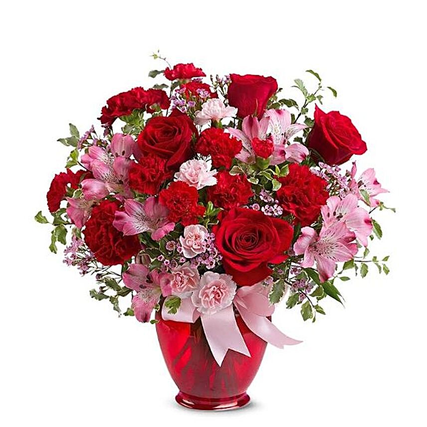 Ravishing Mixed Flowers Red Vase