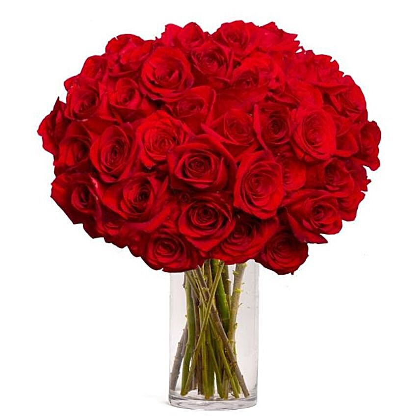 Romantic Red Roses Cylindrical Vase:Valentine Flowers to USA