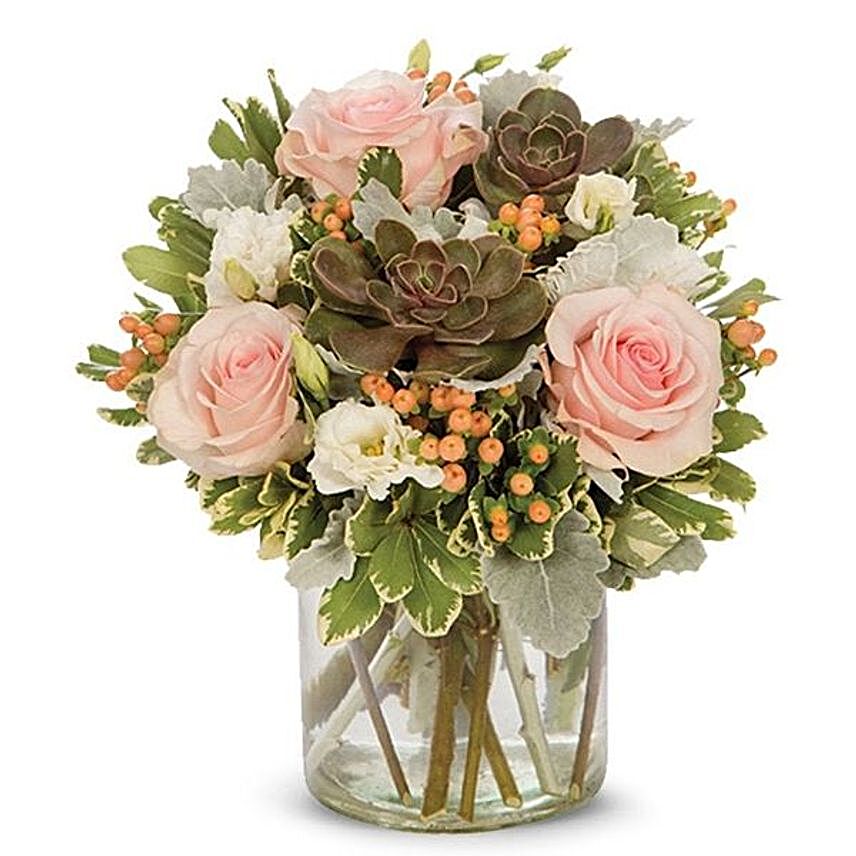 Elegant Pink Roses And White Lisianthus Vase:Send Mixed Flowers to USA