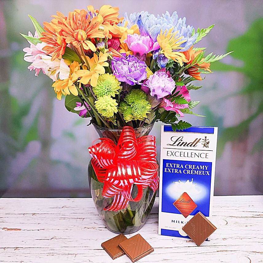 Lovely Mixed Flowers Bouquet And Lindt Chocolate