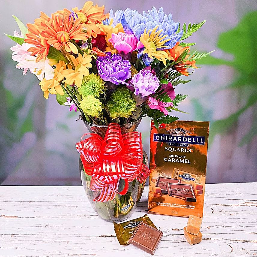 Blissful Mixed Flowers Bouquet And Ghirardelli Chocolate:Gift Combos to USA