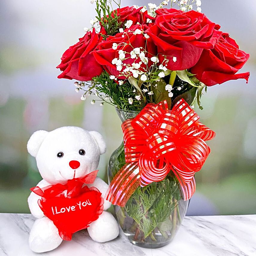 Ravishing Red Roses Bouquet And Teddy