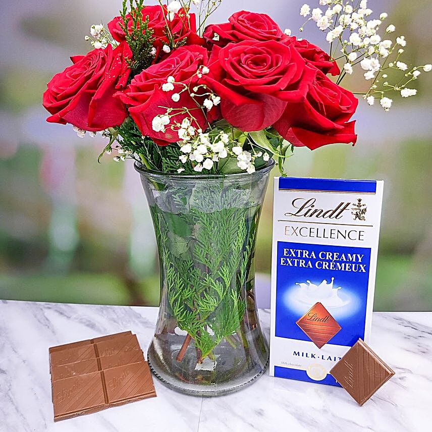 Ravishing Red Roses Bouquet And Lindt Chocolate