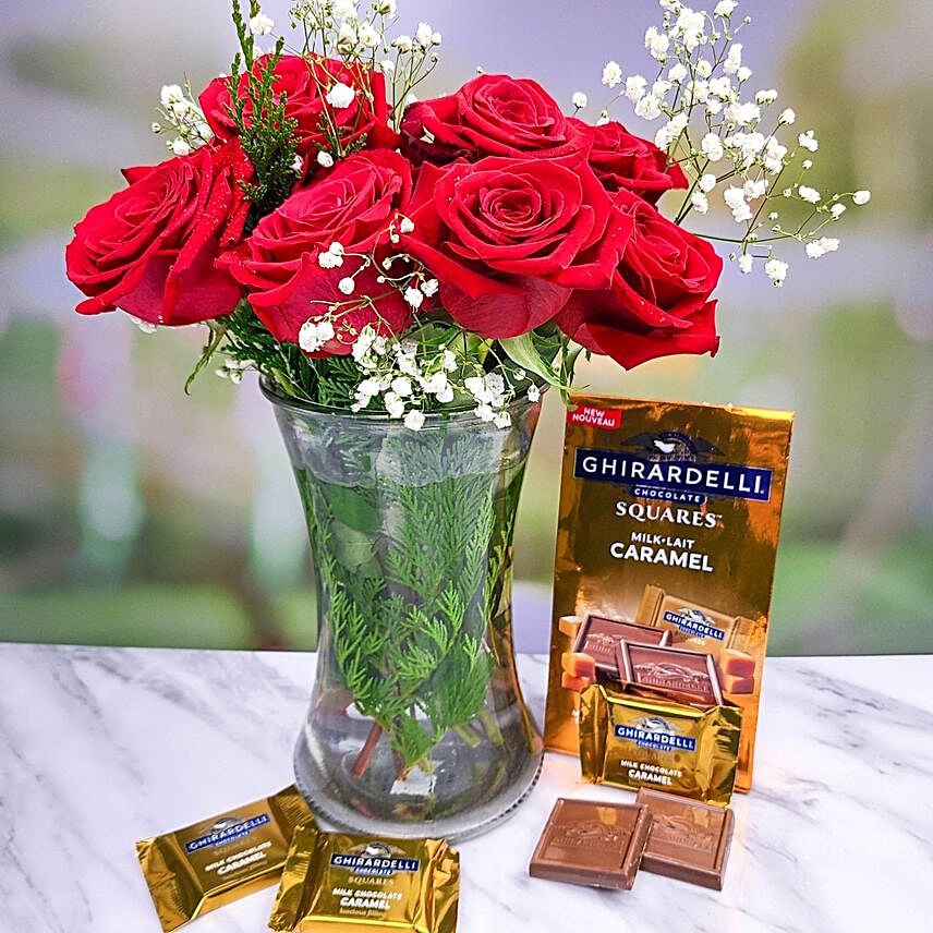 Romantic Red Roses Bouquet And Ghirardelli Chocolate