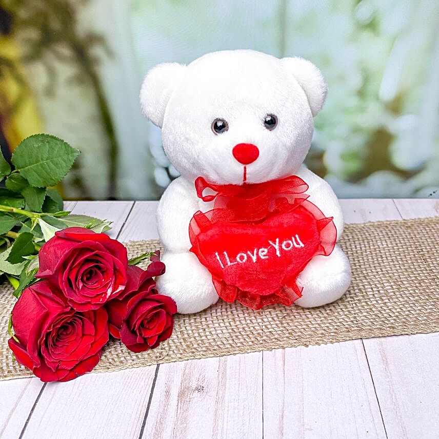 Romantic Red Roses Bouquet And Teddy
