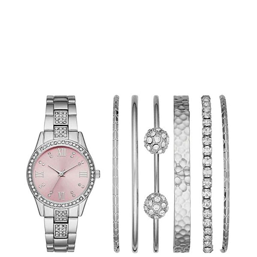 Folio Womens Pink Dial Bracelet Watch Gift Set usa Gift Folio