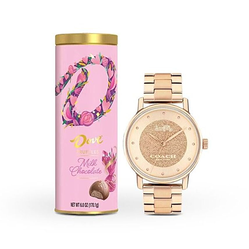 Coach Rose Gold Dial Womens Watch And Chocolates