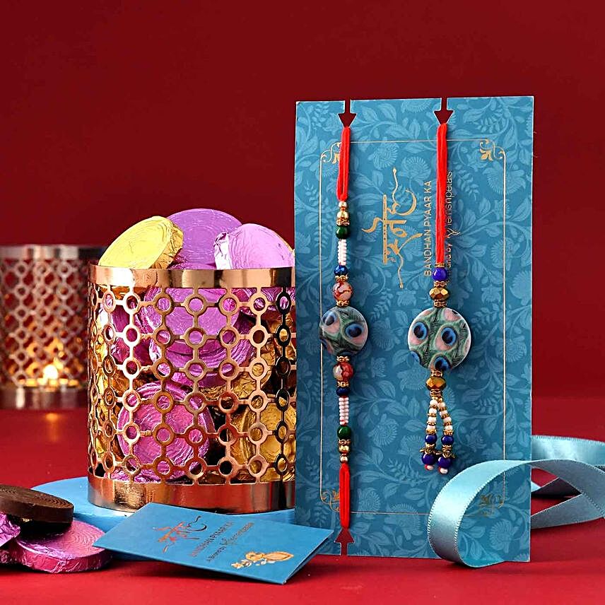 Bhaiya Bhabhi Rakhi Set And Assorted Chocolates:Designer Rakhi to USA