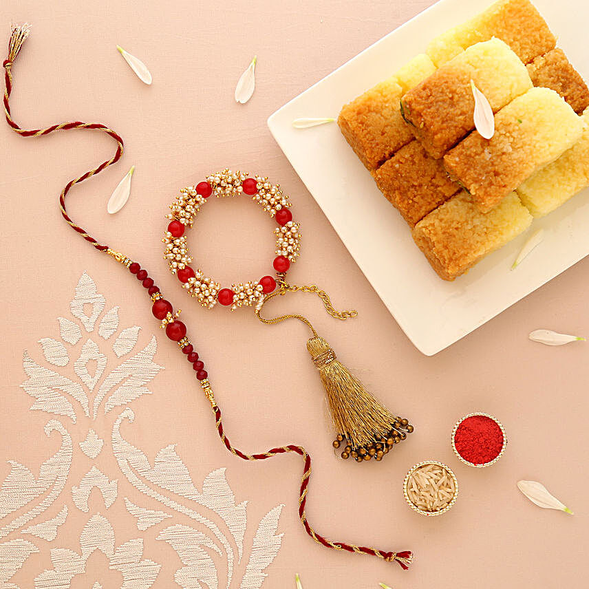 Sneh Fancy Red Rakhi Set & Milk Cakes:Send Rakhi With Sweets to USA