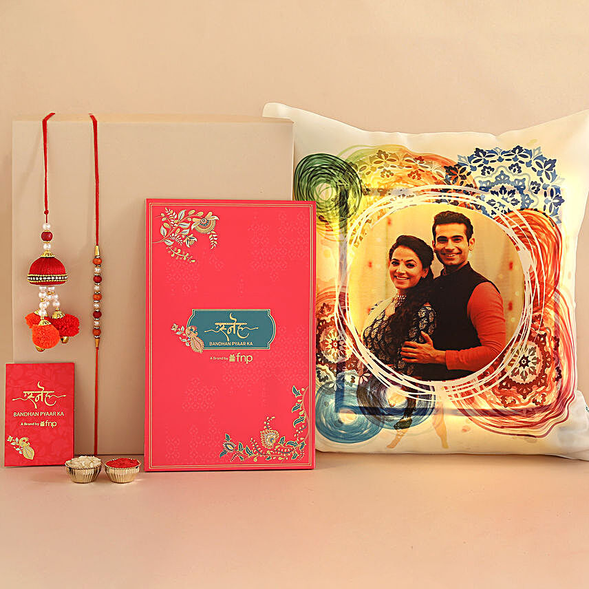Sneh Pompom Bhaiya Bhabhi Rakhi Set and Personalised LED Cushion