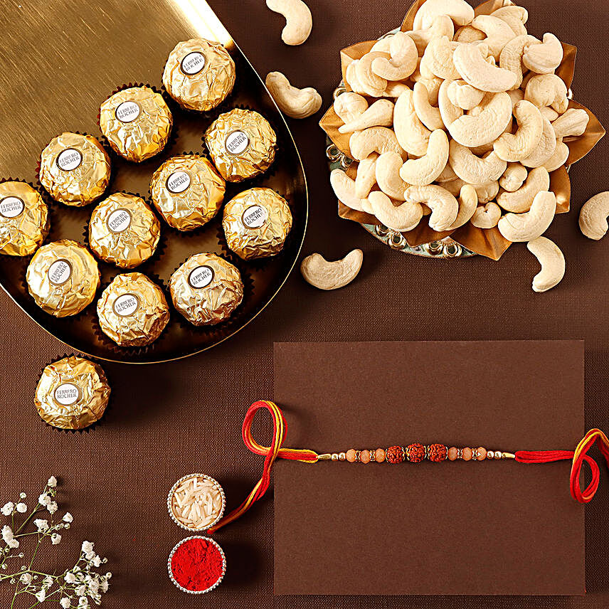 Sneh Classic Look Rakhi With Cashews & Ferrero Rocher:Rudraksha Rakhi to USA