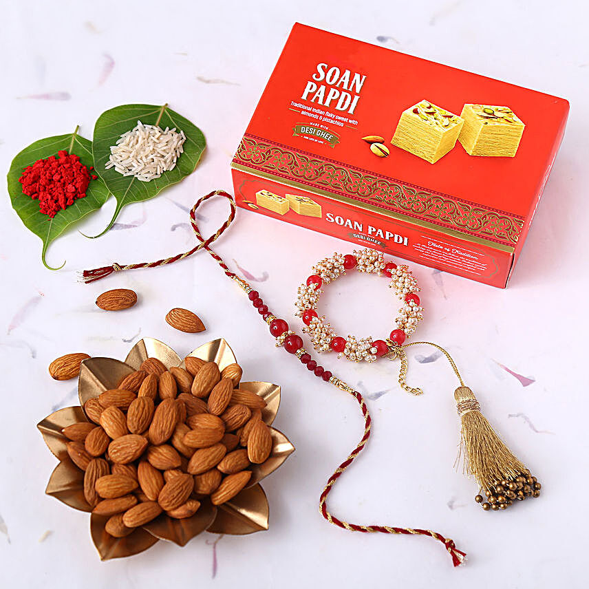 Sneh Classic Rakhi Set With Soan Papdi & Almonds:Rakhi with Dry Fruits to USA