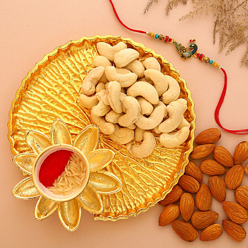 Sneh Peacock Rakhi With Almonds & Cashews:Rakhi with Dry Fruits to USA