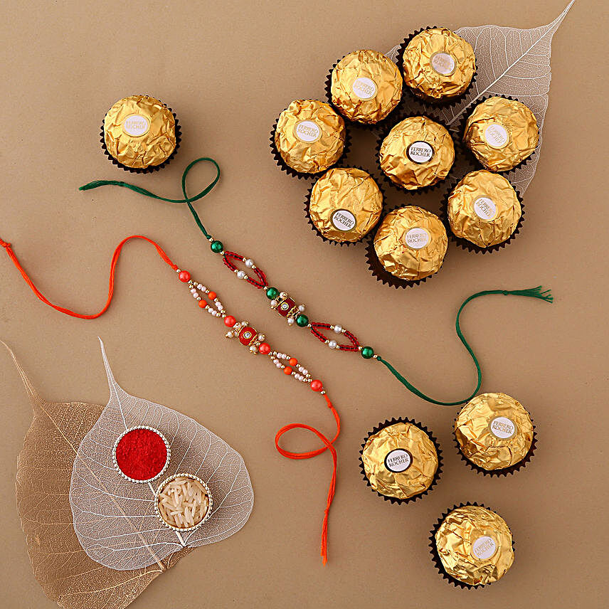 Sneh Pearl Rakhi Set & Ferrero Rocher Box:2 Rakhi Set for USA