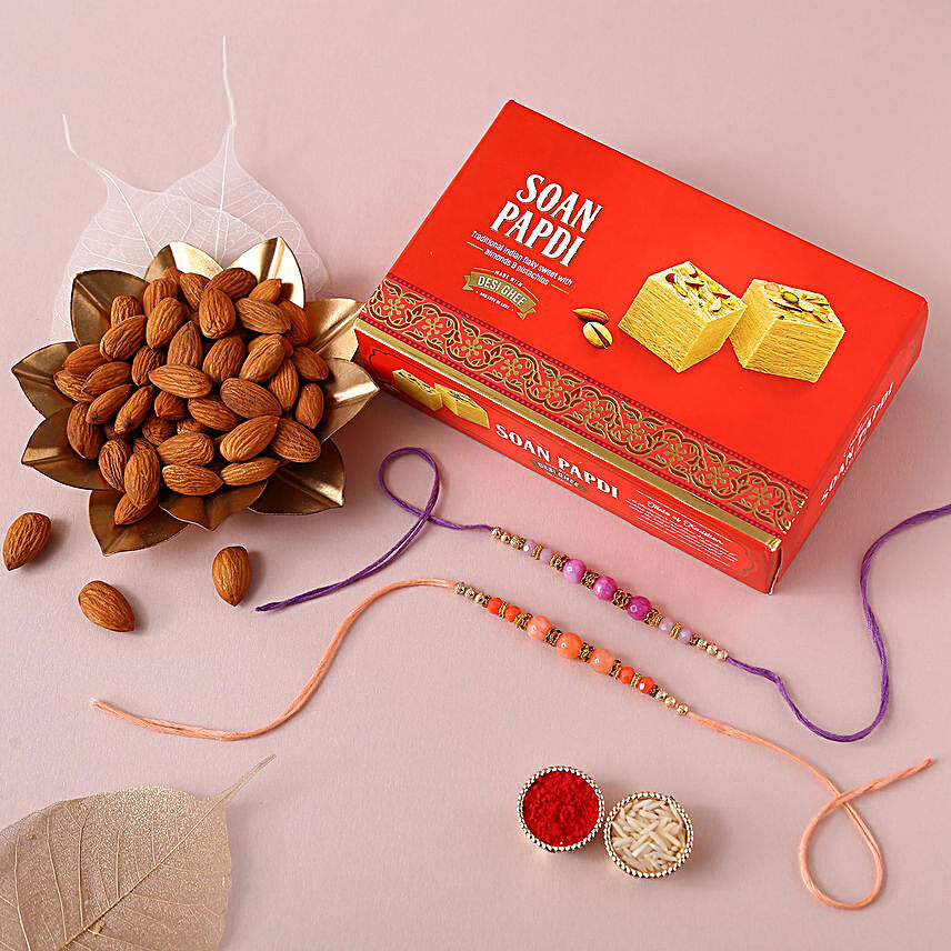 Sneh Pretty Beads Rakhi Set With Soan Papdi & Almonds:Rakhi Gifts for Brother in USA