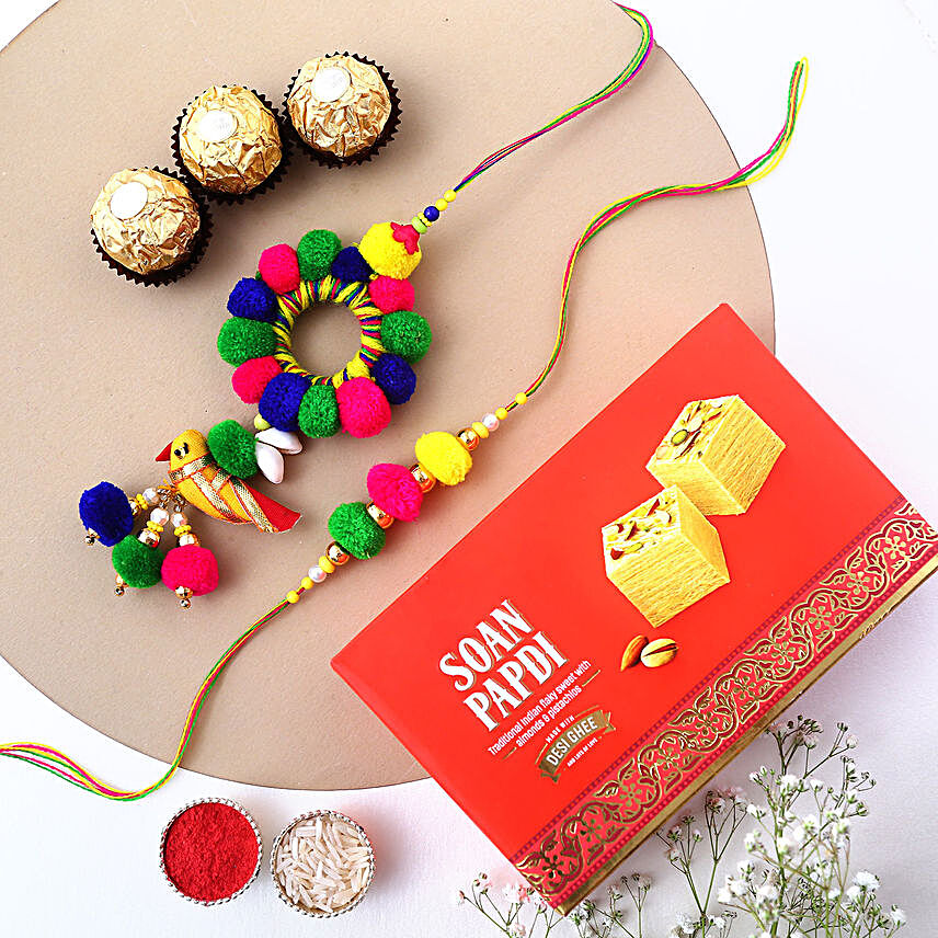 Sneh Vibrant Rakhi Set With Soan Papdi & Ferrero Rocher:Send Bhaiya Bhabhi Rakhi  to USA