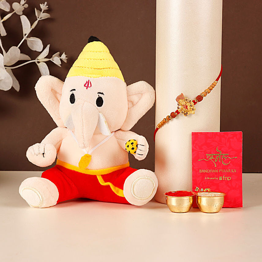 Sneh Wooden & Rudraksha Beads Bal Ganesha Rakhi & Ganesha Toy:Send Rakhi With Toys to USA