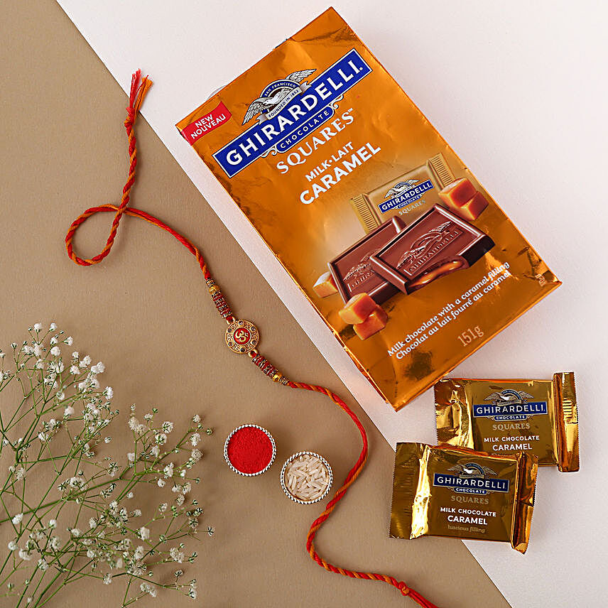 Sneh Om Rakhi & Ghirardelli Milk Caramel Chocolates:Devotional Rakhi to USA