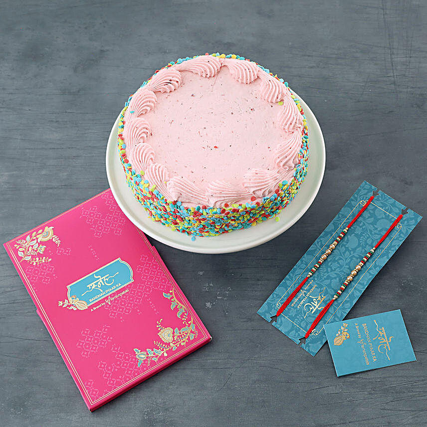 2 Pearl Rakhis And Strawberry Funfetti Cake:Rakhi With Cakes to USA