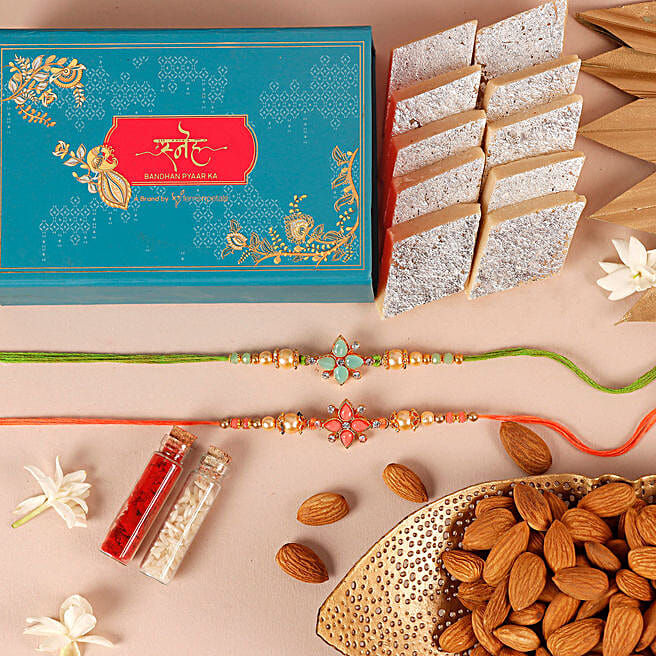 Sneh Floral Aesthetic Pastel Rakhi Set With Kaju Katli & Almonds usa ...