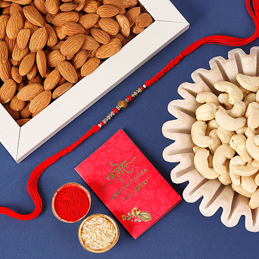Colourful Beads Designer Rakhi With Almonds & Cashews:Rakhi With Dryfruits USA