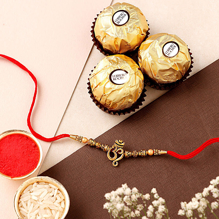 Auspicious Om Designer Rakhi & Ferrero Rocher:Rakhi and Chocolates USA