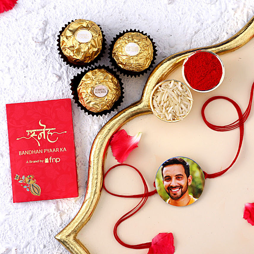 Trendy Personalised Photo Rakhi Cum Magnet And Chocolates:Rakhi and Chocolates USA