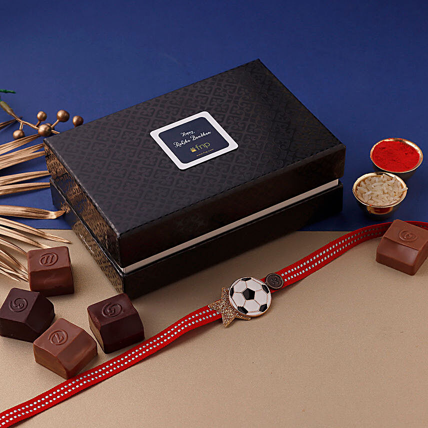 Sneh Cute Football Rakhi & Personalised Chocolate Box:Rakhi With Chocolates to USA