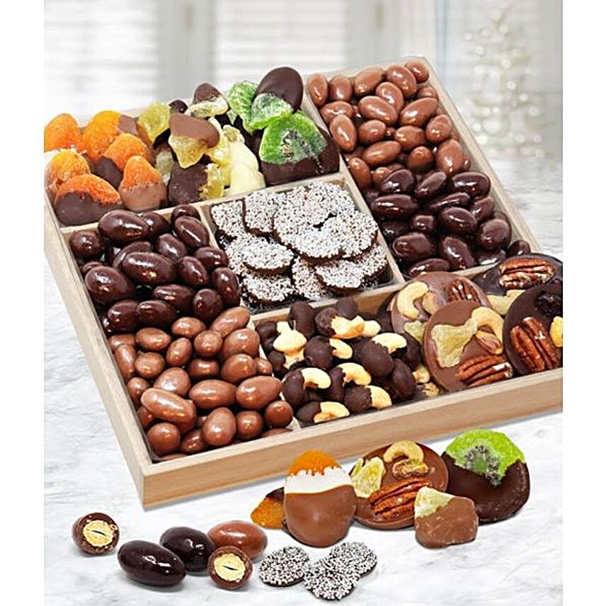 Spectacular Belgian Chocolate Covered Dried Fruit N Nut Tray:Diwali Dry Fruits to USA