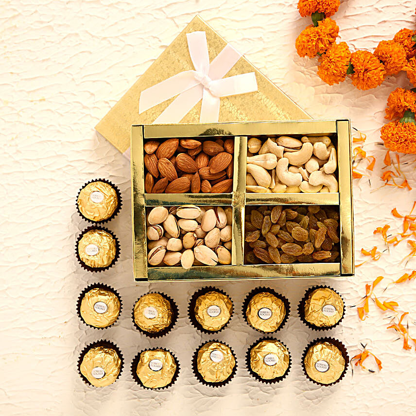 Assorted Dry Fruits Golden Crate & Ferrero Rocher:Diwali Dry Fruits Delivery to USA