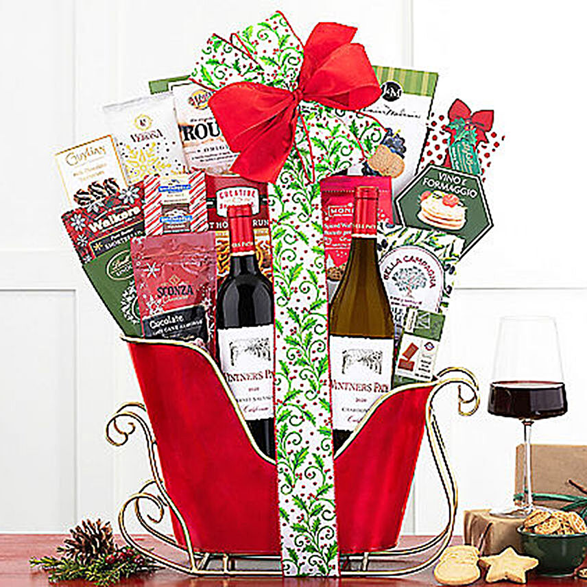 Vintners Path Winery Holiday Sleigh Gift Basket:Christmas Gift Baskets to USA
