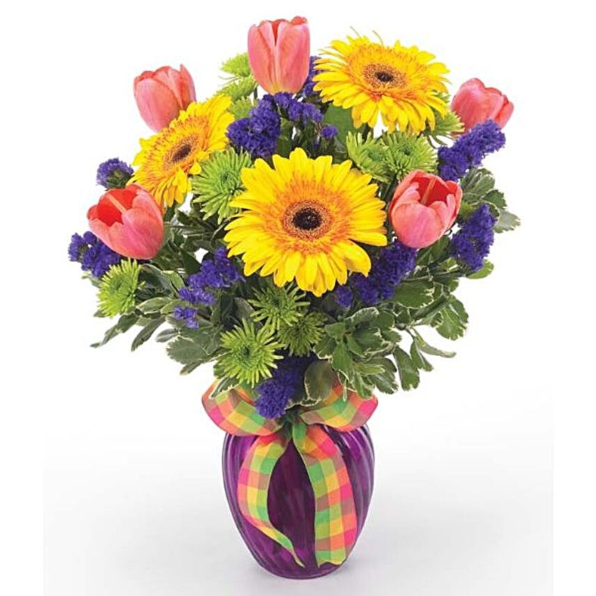 Joyful Blooms Purple Vase:Tulip Flowers to USA