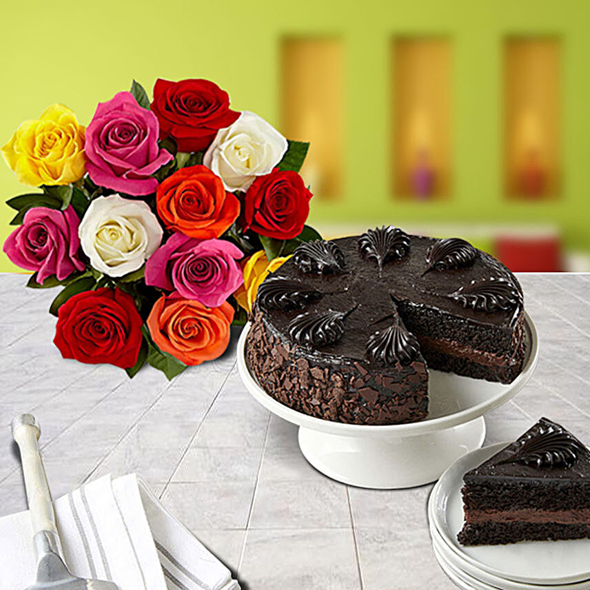 Chocolate Cake with Assorted Roses Birthday:Cake and Flowers Delivery in USA