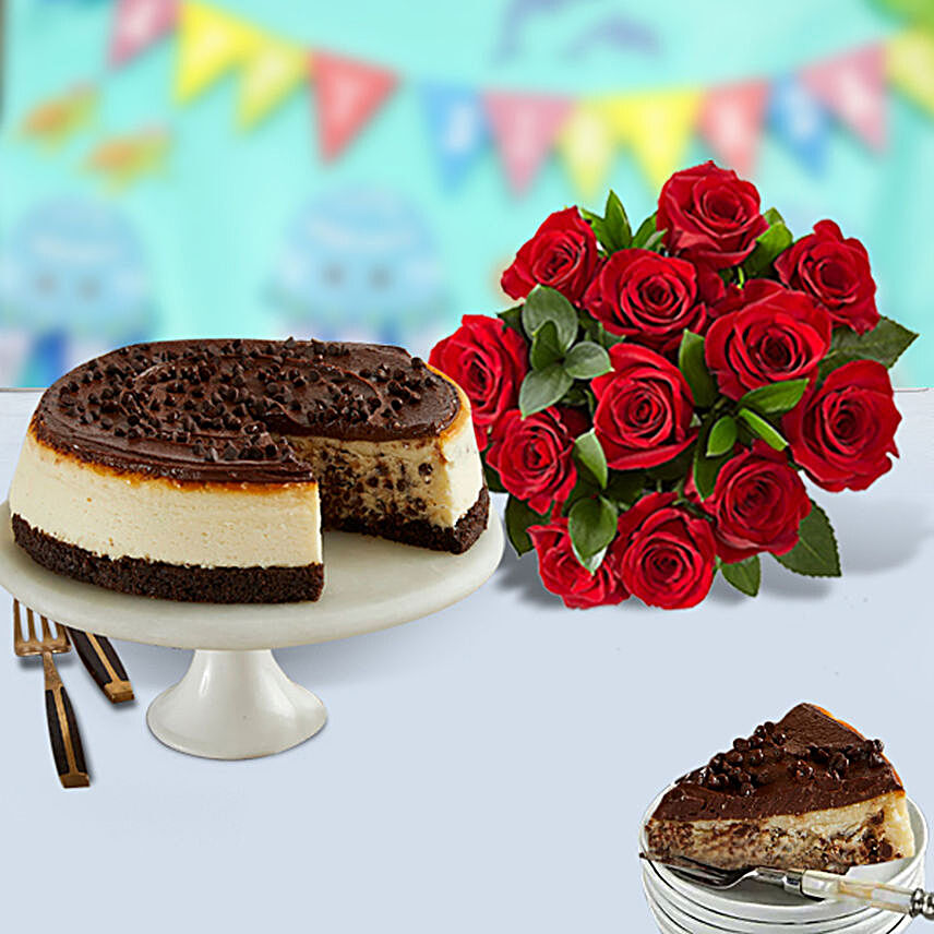 Chocolate Cheesecake and Roses:Send Cake and Flowers in USA