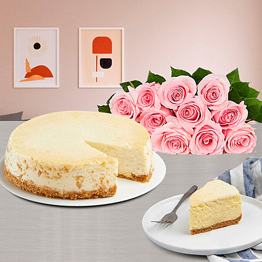 NY Cheescake with Pink Roses:Cake and Flowers Delivery in USA