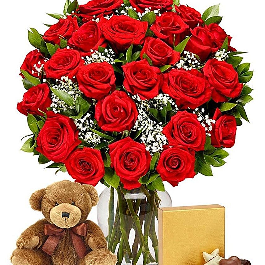 24 Red Roses Bouquet With Chocolates And Teddy:Kiss Day Gifts to USA