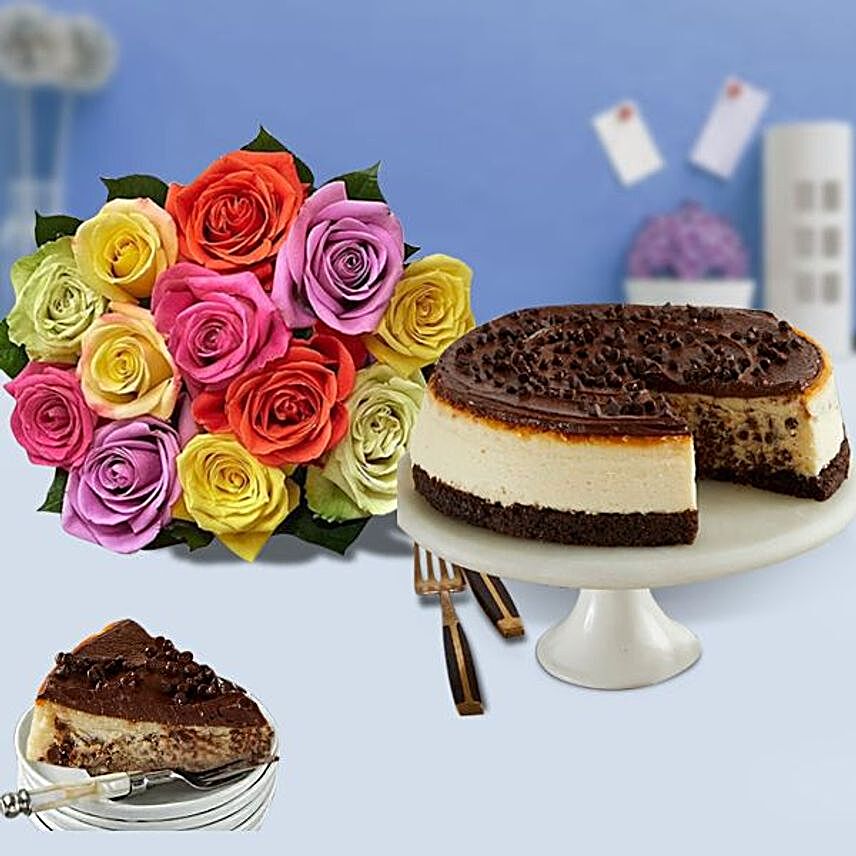 Chocolate Cheesecake and Colorful Roses Birthday:Send Cake and Flowers in USA