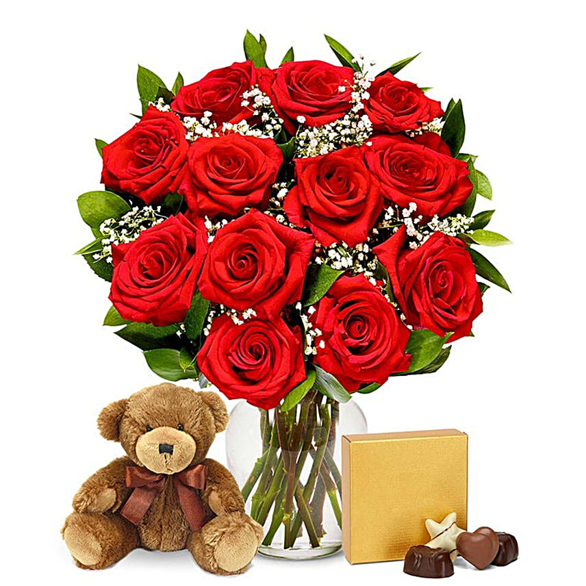 One Dozen Long Stem Red Roses with Chocolates and Bear