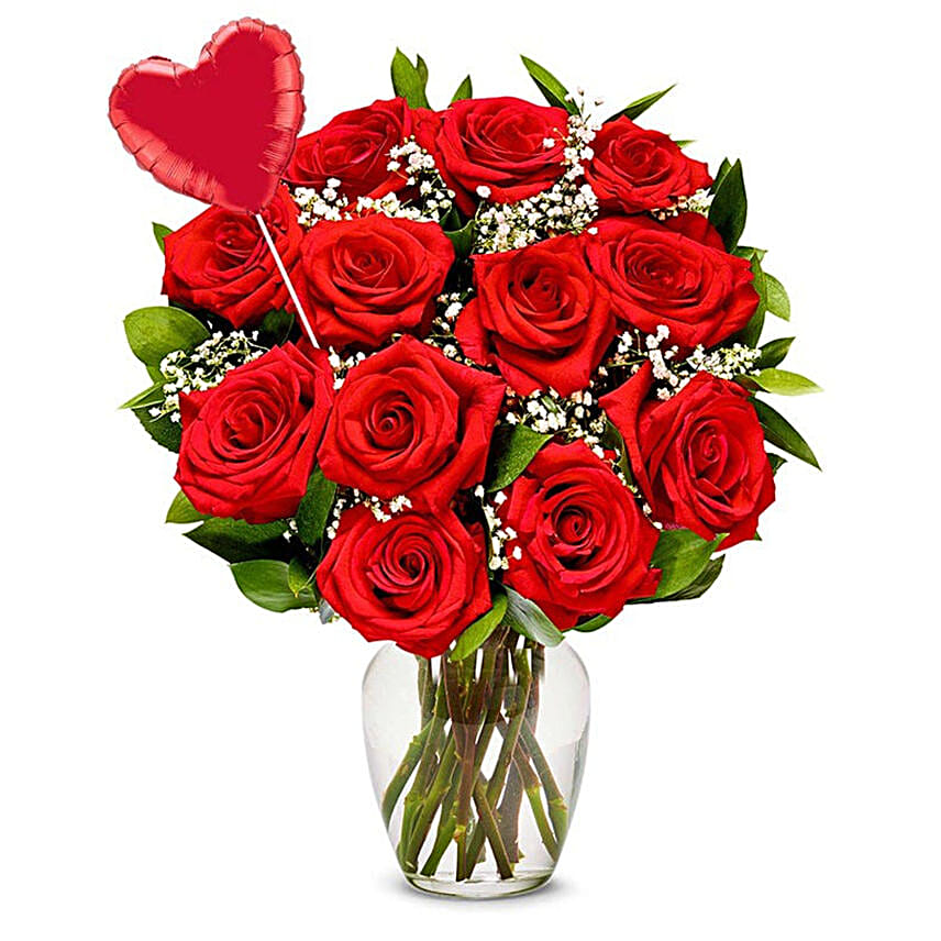 One Dozen Red Roses with Heart Balloon