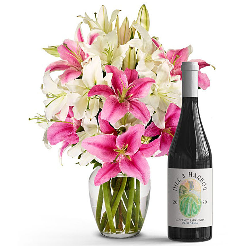 Pink and White Lilies with Red Wine