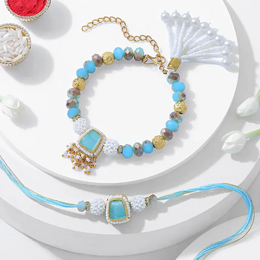 Exquisite BB Turquoise Stone Rakhi N Lindt Bar