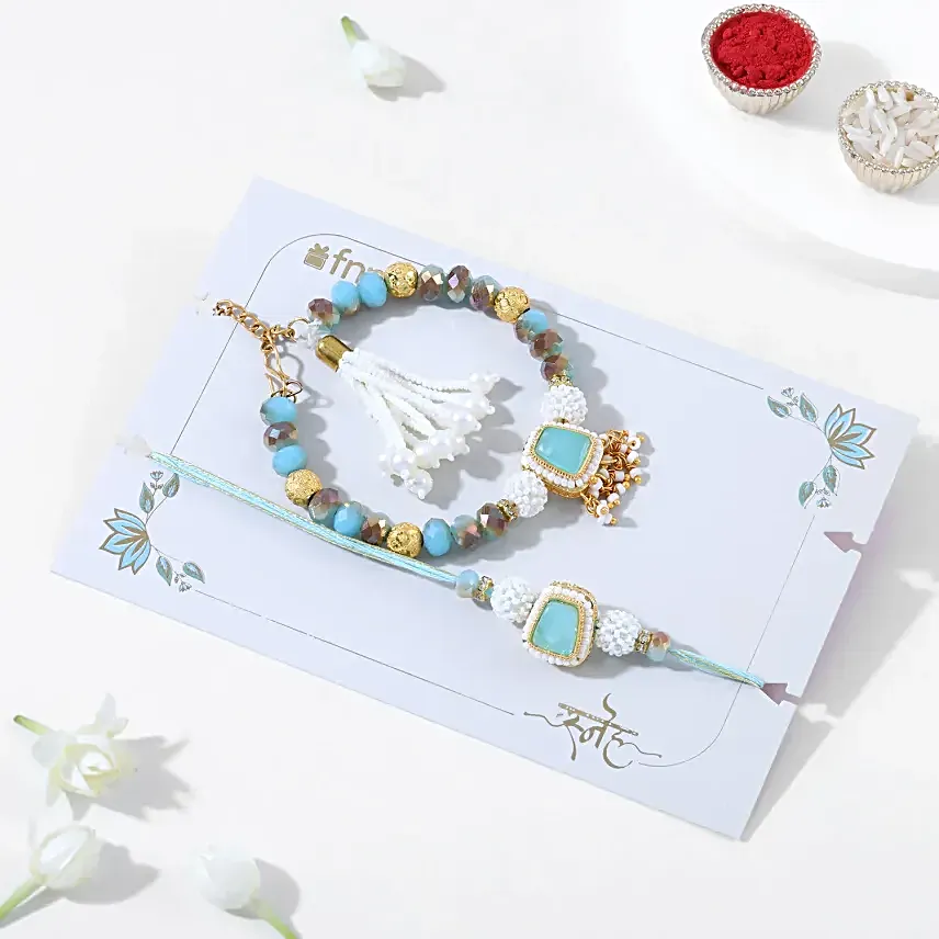 Turquoise Charm Gem Rakhi Set for Bhaiya Bhabhi